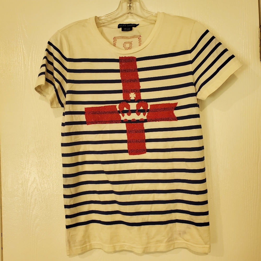 Ralph Lauren '06 Royal White & Blue Nautical Stripe Red Beaded T-Shirt, Sz L